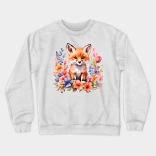 A red fox decorated with beautiful colorful flowers in a watercolor illustration Crewneck Sweatshirt